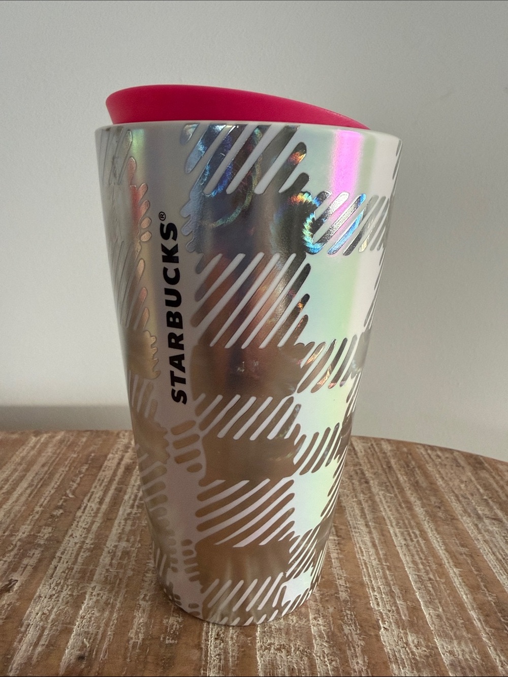 Starbucks 2024 Holiday Luster 12oz Tumbler Ceramic Iridescent Plaid Pink Lid NEW